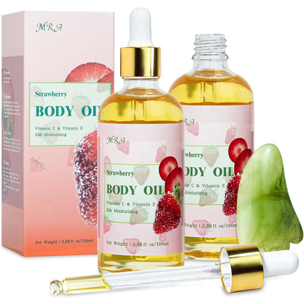 MR.A 2 Pack Strawberry Body Oil Juice Scented Vitamin E Body Oil after Shower with Jojoba Oil Strawberry Shortcake Body Moisturizer Bath Oil for Dry Skin Massage Oil Guasha Oil with Guasha Tool - Lamarshop1