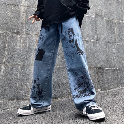 Anime Print Loose Wide Leg Jeans for Men