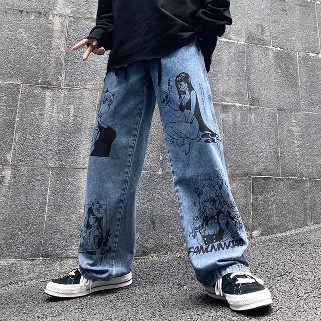 Anime Print Loose Wide Leg Jeans for Men