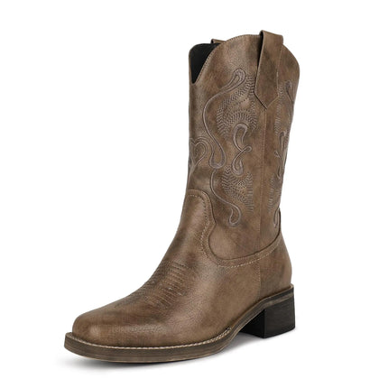ISNOM Brown Cowgirl boots for Women Brown Cowboy Boots for Women Brown Western Boots Square Toe Cowgirl Cowboy Boots Mid Calf Cowboy Cowgirl boots Wide Calf Cowboy Boots Low Heel Cowgirl boots - Lamarshop1