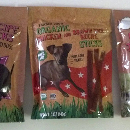 Trader Joes Dog Treats - 3 Packages - (1 Chicken Jerky Strips 1 Chicken and Brown Rice Sticks 1 Beef Jerky Strips)