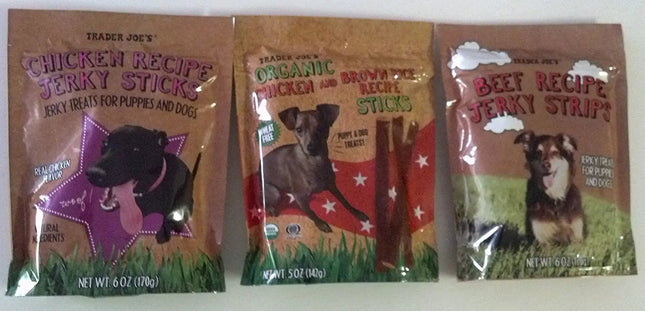 Trader Joes Dog Treats - 3 Packages - (1 Chicken Jerky Strips 1 Chicken and Brown Rice Sticks 1 Beef Jerky Strips)