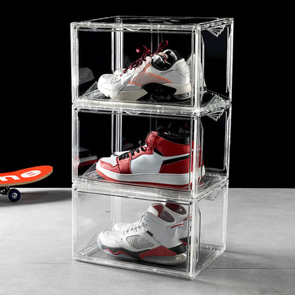 STAHMFOVER 3-Pack Clear Shoe Boxes Stackable Plastic Sneaker Box Container Magnetic Side Open Shoe Organizer and Shoes Storage Case Full Transparent Versatile Display Case for Hats/Models