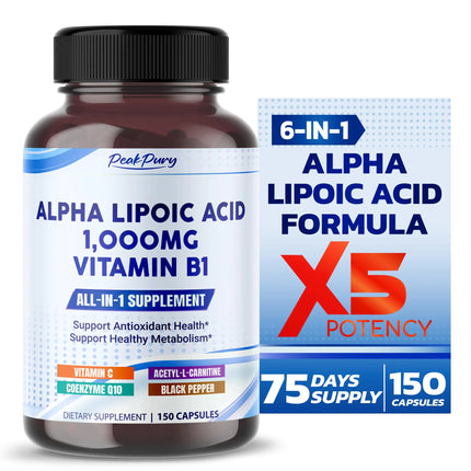 PEAKPURY Alpha Lipoic Acid 1000mg with Vitamin B1 - Supports Antioxidant Health & Healthy Metabolism - Includes Vitamin C Acetyl - L - Carnitine CoQ10 - Made in The USA - 150 Capsules - Lamarshop1