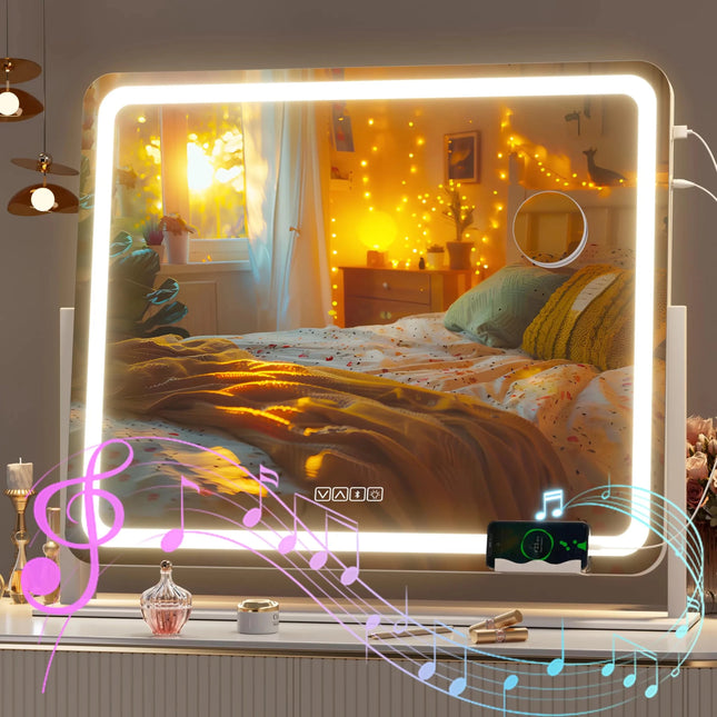 Hasipu Vanity Mirror with Lights and Bluetooth Speaker 23.6" x 19.7" LED Makeup Mirror Light up Mirror with 10X Magnification USB Charging Port Smart Touch 3 Colors Dimmable (White)