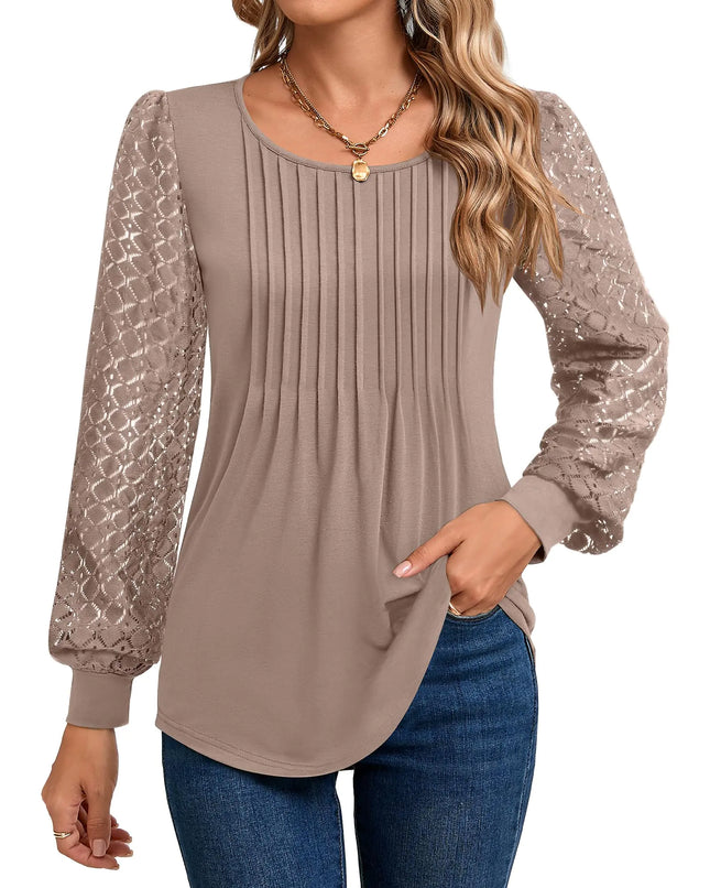 Riyiper Womens Lace Puff Long Sleeve Tunic Ladies Crew Neck Tops Pleated Blouses Casual Loose Fit Shirts Trendy(KhakiLarge) - Lamarshop1