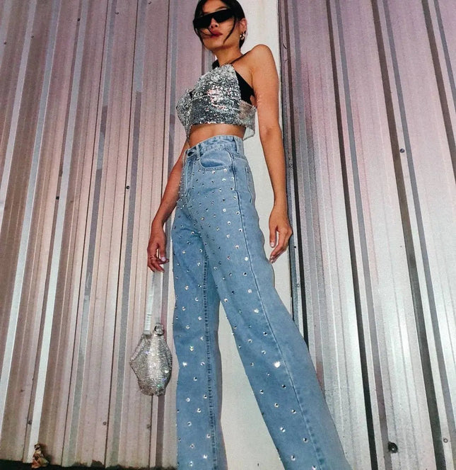 Sky Star Water Diamond Wide Leg Jeans with Hot Drill