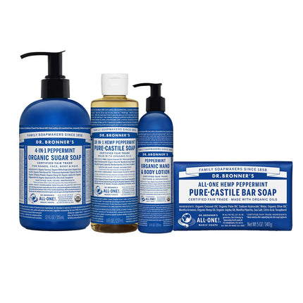 Dr. Bronners - 4 Piece Peppermint Gift Set - (1) 12 Ounce Sugar Soap (1) 8 Ounce Pure-Castile Liquid Soap (1) 8 Ounce Lotion and (1) 5 Ounce Bar Soap