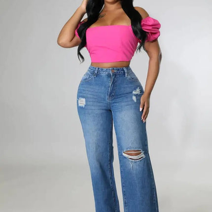Women's Ripped Straight Boyfriend Denim Wide-Leg Jeans