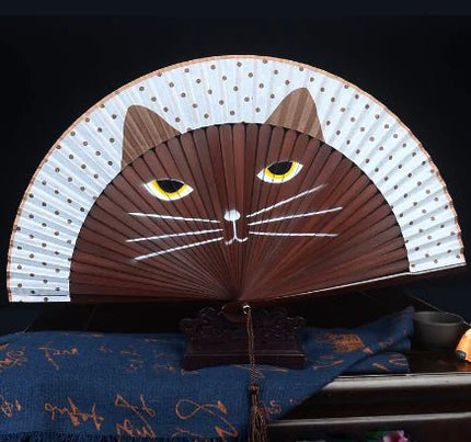Hand - Painted Cat Folding Bamboo Fan with Lacquered Handle - Lamarshop1
