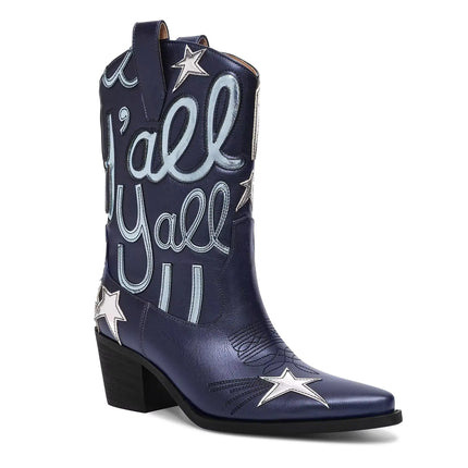 HOCHFART Metallic Cowboy boots for Women Mid Calf Low Heel Pointed Toe Womens Cowgirl Boots Fashion Embroidery Western Pull On Boots - Lamarshop1