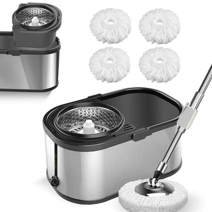 SWIFTIRON Spin Mop and Bucket Set for Cleaning with 4 Extra Refills Microfiber Heads Mops for Floor Cleaning with Wringer Silver Stainless Steel Mop and Mop Bucket - Lamarshop1