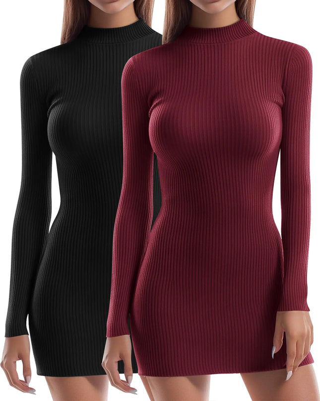 Riyiper 2 Pack Womens Mock Turtle Neck Ribbed Dresses Long Sleeve Knit Basic Casual Bodycon Mini Short Dress (Black Wine RedS) - Lamarshop1