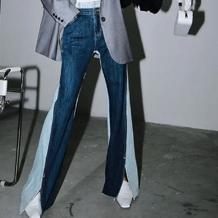 Two-tone Color Contrast Wide-leg Jeans for Slimming
