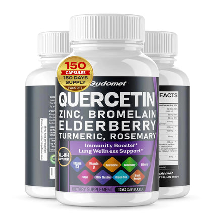 GUDOMET Quercetin Bromelain Zinc Vitamin D3 Elderberry Turmeric Rosemary Bilberry Sage Odorless Garlic Green Tea Milk Thistle Oregano - 150 Capsules - Made in USA - Lamarshop1