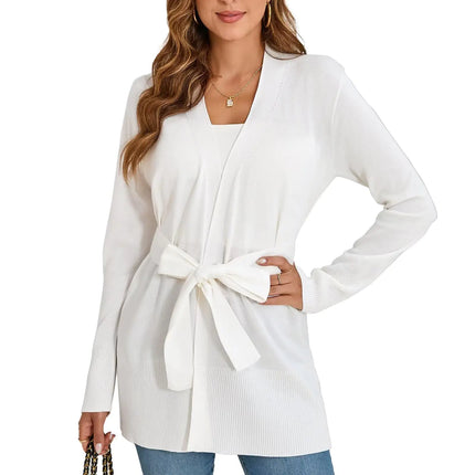 Lightweight Cardigans Sweater for Women Loose Casual Long Sleeve Open Front Breathable Cardigans with Belt.(Off - White - 1M) - Lamarshop1