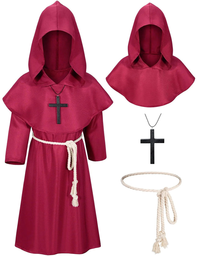 Kids Medieval Renaissance Monk Costume Priest Friar Wizard Cloak Hooded Robe Cosplay Costume Belt Necklace Set(RD 110) - Lamarshop1