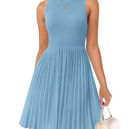 ZESICA Womens Summer Sleeveless Mini Dress 2025 Crewneck Knit A Line Pleated Swing Casual Basic Short DressSkyMedium - Lamarshop1