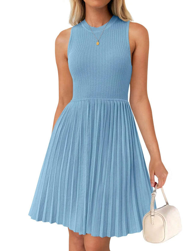 ZESICA Womens Summer Sleeveless Mini Dress 2025 Crewneck Knit A Line Pleated Swing Casual Basic Short DressSkyMedium - Lamarshop1
