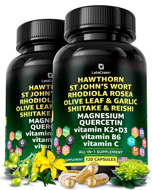 LetaGreen Organic Hawthorn Berry Capsules - Hawthorn Extract 2000mg with St Johns Wort 2500mg Rhodiola Rosea 4000mg Olive Leaf 1000mg Shiitake 1000mg Reishi Mushroom 1000mg Quercetin 150mg (240 Count) - Lamarshop1