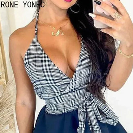 Chic Women’s Halter V Neck Plaid Top & Ruffle Mini Skirt