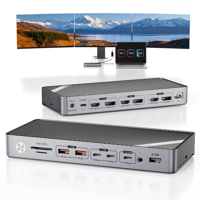 Minisopuru DisplayLink Docking Station 3 Monitors with 140W Charger 30W Charging 8K/4K USB C Docking Station for MacBookThunderbolt 5/4/3 Windows(3X HDMI3X DisplayPort5X USB Data & ChargeTF/SD)