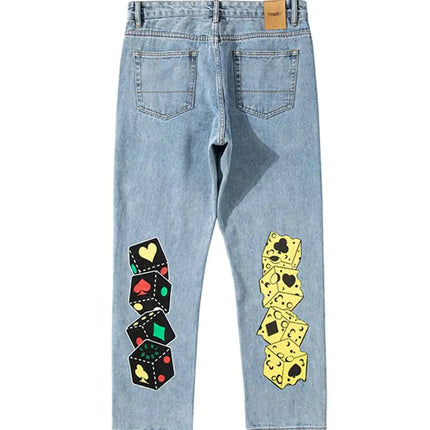 Loose Wide-Leg Jeans with Dice Cheese Print