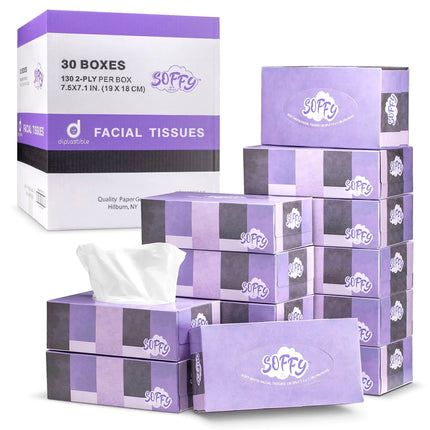 Facial Tissue Paper Soft Tissues 2 Ply White Tissue Paper Bulk - 130 Tissues Per Box Car and Travel Tissue Packs - Face Tissue 7.5" x 7.1" Pack of 30 Tissue Box - Lamarshop1