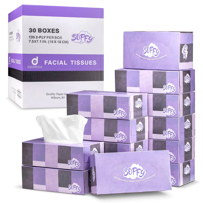 Facial Tissue Paper Soft Tissues 2 Ply White Tissue Paper Bulk - 130 Tissues Per Box Car and Travel Tissue Packs - Face Tissue 7.5" x 7.1" Pack of 30 Tissue Box - Lamarshop1
