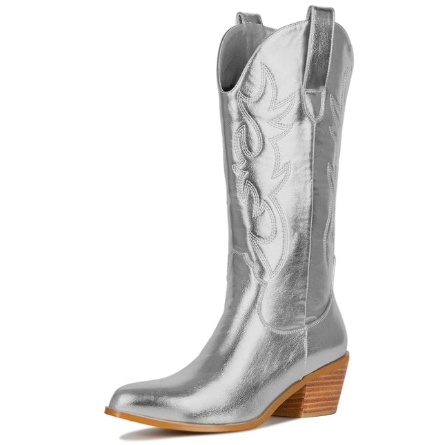 Ouepinao Womens Cowgirl Metallic Boots Mid Calf Booties Pointed Toe Chunky Heel Western Cowboy Boots for Women - Lamarshop1