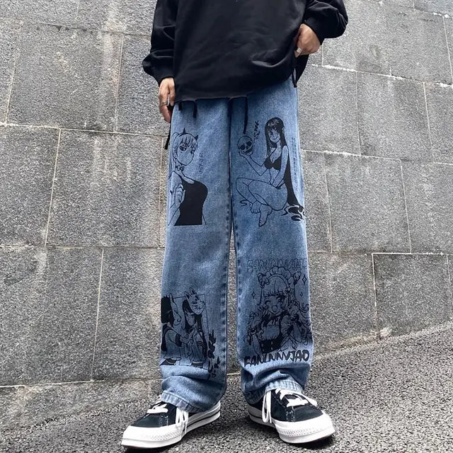 Anime Print Loose Wide Leg Jeans for Men
