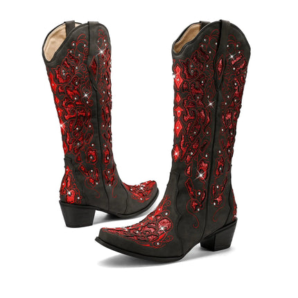 LingxiaUne Western Cowboy Boots with Wide Calf Red Cowgirl Boots Women Sparkly Rhinestone Wedding Boots Trendy Vintag Tall Glitter Boots with Embroidery and Chunky Heel for Daily Wearing|Office|Party - Lamarshop1