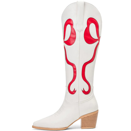 OAKUMSAS Womens Cowboy Boots With Colorful Bows Embroidered White Knee - High Cowboy Boots Fashion Almond Toe Chunky Heel Boots - Lamarshop1
