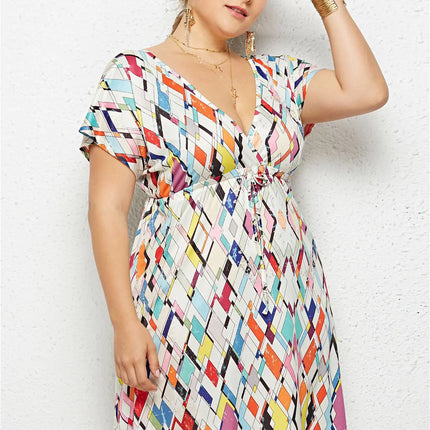 Printed Deep V-Neck Dress with Elastic Waist