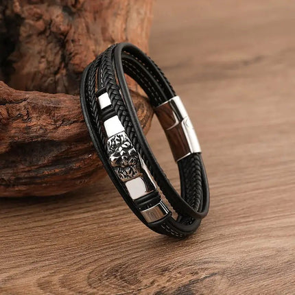 Men's Multi - layer Stainless Steel Leather Bracelet - Lamarshop1