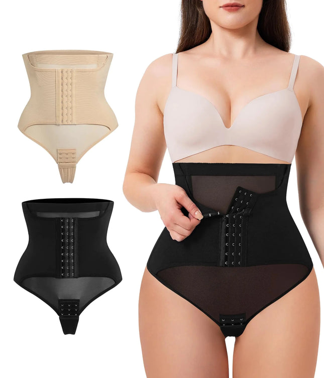 MERYOSZ Tummy Control Thong Shapewear for Women High Waisted Butt Lifting Panties Body Shaper Thong Underwear Girdle (Black+BeigeMedium) - Lamarshop1