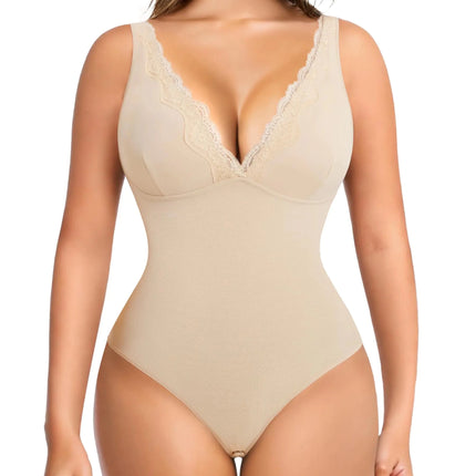 MERYOSZ Shapewear Bodysuit Tummy Control Body Shaper for Women V Neck Bodysuits Thong Lace Camisoles Jumpsuit Tops (Beige X - Large) - Lamarshop1