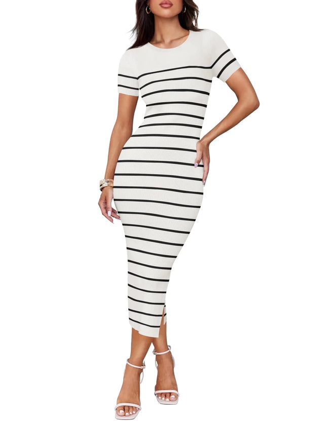 ZESICA Womens Summer Bodycon Midi Dress Striped Short Sleeve Ribbed Knit Slim Fit Side Slit Vacation Long DressesWhiteLarge - Lamarshop1