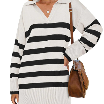 ZESICA Womens Striped Sweater Dress Spring Long Sleeve V Neck Collar Loose Knit Mini DressesWhiteX - Large - Lamarshop1