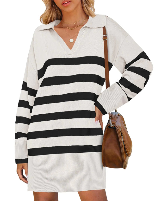 ZESICA Womens Striped Sweater Dress Spring Long Sleeve V Neck Collar Loose Knit Mini DressesWhiteX - Large - Lamarshop1