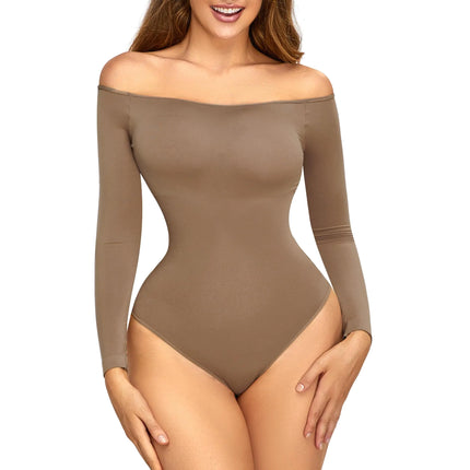 Hioffer Women Off Shoulder Long Sleeve Bodysuit Tummy Control Seamless Shapewear Sculpting Body Shaper Jumpsuit Tops - Lamarshop1