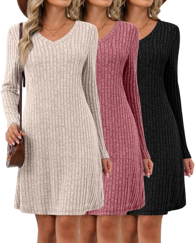 Riyiper 3 Pack Womens Long Sleeve Dresses Knit V Neck Fall Winter Dresses Causal Loose Fit Sweater Tunic Dresses(Beige Wine Red BlackXX - Large) - Lamarshop1