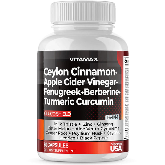 Ceylon Cinnamon 3000mg Apple Cider Vinegar 3000mg Turmeric 2000mg - Gluco Health Support - Panax Ginseng 2000mg Berberine 1500mg Bitter Melon Turmeric Milk Thistle Fenugreek – Made in USA – 60ct - Lamarshop1