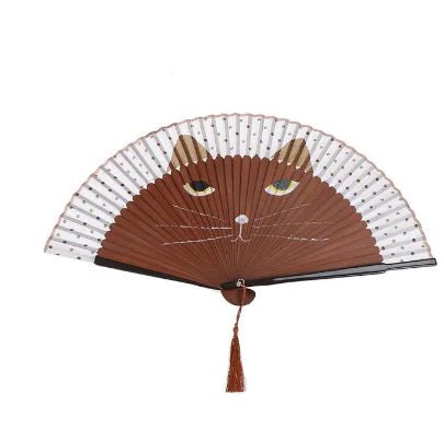 Hand - Painted Cat Folding Bamboo Fan with Lacquered Handle - Lamarshop1