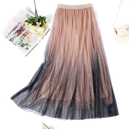 High - Waisted Pleated Skirt with Gradient Mesh Design - Lamarshop1