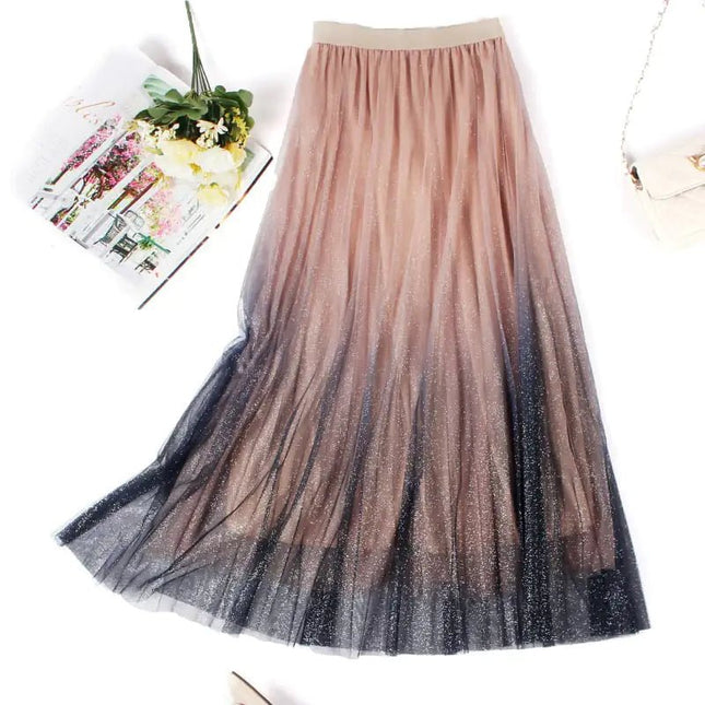 High - Waisted Pleated Skirt with Gradient Mesh Design - Lamarshop1