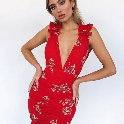 Sexy Deep V-Neck Floral Ruffle Bodycon Dress