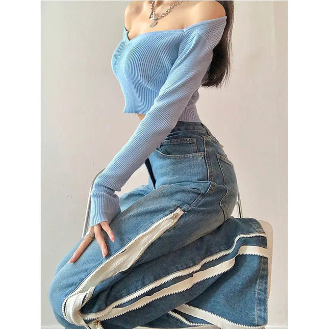 Double-layer Wide Leg Jeans with Side Zipper for Women