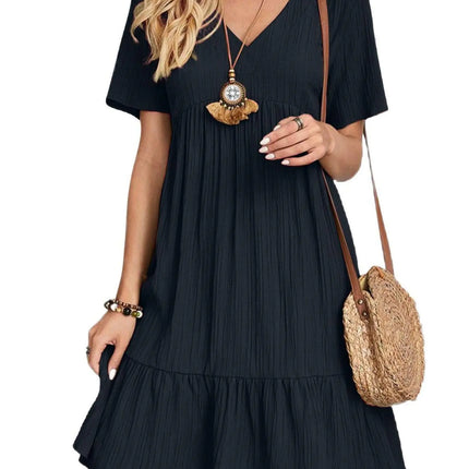 Summer V Neck Dress for Women 2024 Casual Short Sleeve Swing Midi Sundress Tiered A-Line Flowy Tunic Beach Dresses Navy