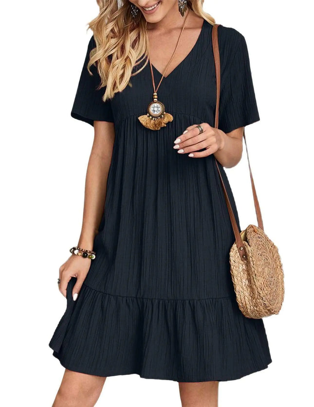 Summer V Neck Dress for Women 2024 Casual Short Sleeve Swing Midi Sundress Tiered A-Line Flowy Tunic Beach Dresses Navy